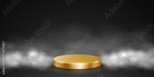 Gold podium in smoke on dark background. Empty 3d golden stage in fog cloud for product display. Luxury pedestal for cosmetics presentation or winners ceremony. Abstract vector illustration