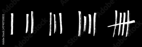 Tally marks brush strokes set. White hand-painted counting lines in various styles, including single strokes and crossed fifth mark on black. Vector grunge ink design for counting, tracking, graphic.