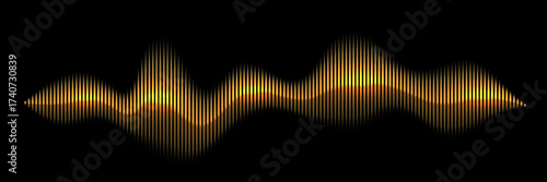Orange sound wave with glowing vertical bars on black background. Abstract music waveform in fiery gradient style for audio equalizer, visualizer, or DJ theme. Dynamic neon vector illustration.