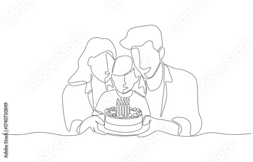 Continuous one line drawing of family celebrating child’s birthday, capturing the warmth of togetherness, love, single line art.
