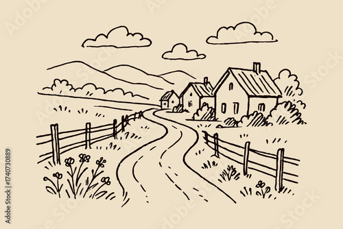 Village road and houses countryside sketch black on white vector