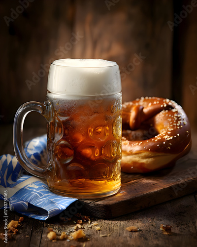 Cold Beer Mug with Pretzel on Rustic Wooden Table