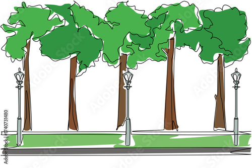 Single continuous line drawing public garden with paths and garden lights lining the path. Pedestrian friendly place. Comfort. Fresh. National Public Gardens Day. One line design vector illustration