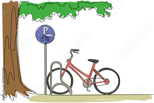 Single continuous line drawing mini bike parked in bike parking lot and big tree. Typical view during holidays. Cycling to the park. National Public Gardens Day. One line design vector illustration