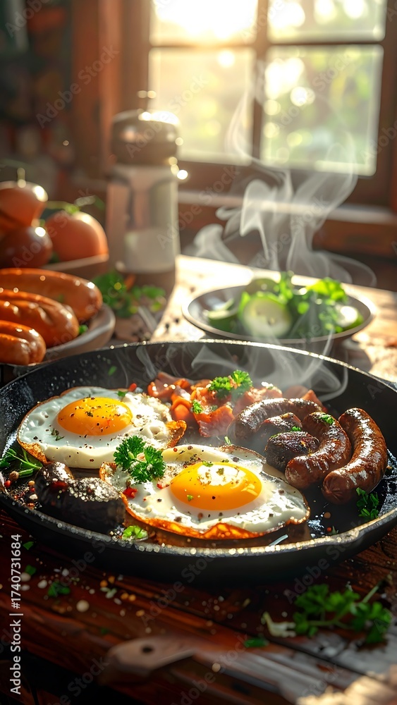 Fototapeta premium Sunny Side Up - A Delicious Breakfast Feast with Eggs and Sausage.