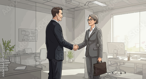 Professional business handshake between a man and a woman in an office setting, symbolizing agreement, partnership, and successful corporate collaboration after a productive meeting