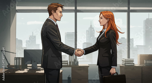 Confident Professional Handshake Solidifying a Business Agreement Between Colleagues in a Modern Office Environment, Symbolizing Trust and Collaborative Success