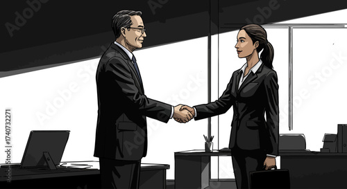Two professional business people shaking hands in an office, symbolizing a successful corporate agreement, strong partnership, and a new venture built on trust and collaboration
