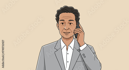 A middle-aged man in a suit talks on a mobile phone, looking at the camera with a warm expression