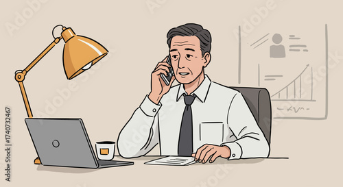 Focused male executive managing essential business communications on the phone, diligently working at his desk in a modern office setup with a laptop and documents