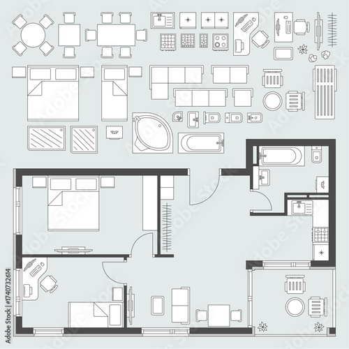 Furniture set and furnished apartment plan.