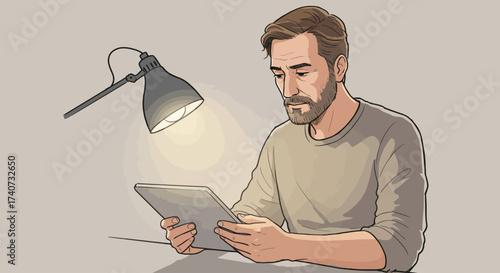 A man engrossed in his tablet under the lamp light, reading or working at home