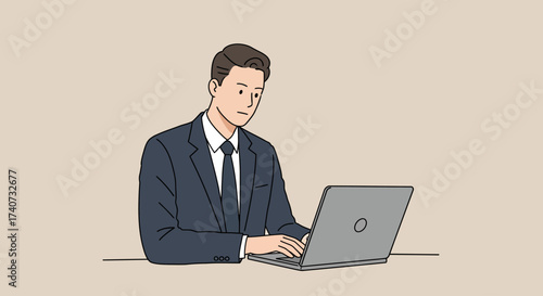 Focused businessman working diligently on his laptop at a desk, representing dedication and modern work