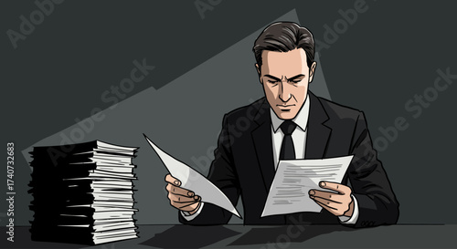 A businessman in a suit is reading documents in front of a stack of papers