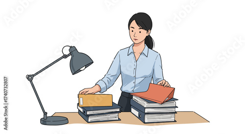 A diligent female professional at her desk, managing a heavy workload represented by stacks of books and files