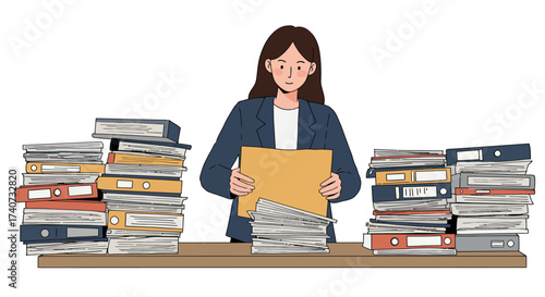 Dedicated Professional Managing Extensive Stacks of Paperwork and Binders, Illustrating Comprehensive Document Organization and Efficient Business Administration Tasks