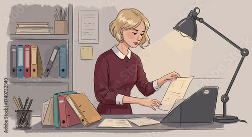 A focused young woman diligently organizes documents and files at her desk under a warm lamp light in a quiet office illustration