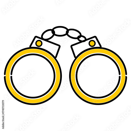 Yellow handcuffs illustration, simple vector drawing of police cuffs, minimal line art design symbol of arrest, law, justice, crime and security enforcement concept