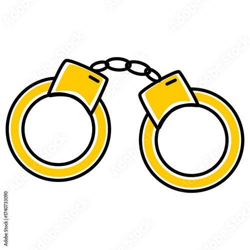 Yellow handcuffs illustration, simple vector drawing of police cuffs, minimal hand drawn line art concept of arrest, justice, crime, and law enforcement icon