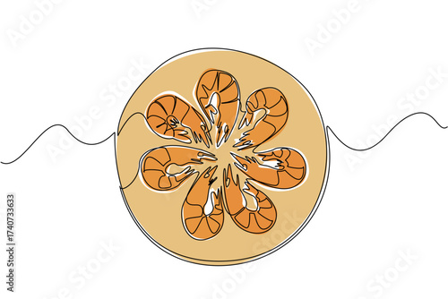 Continuous one line drawing several shrimps arranged in a circle on a circular wooden cutting board. The presentation is appetizing. National Shrimp Day. Single line draw design vector illustration