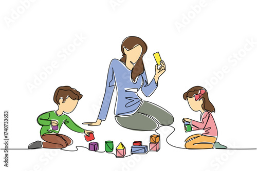 Continuous one line drawing a woman accompanies a girl and a boy sitting playing with building blocks on the floor. Play together. Child Care Provider Day. Single line draw design vector illustration