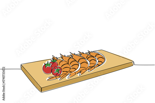 Continuous one line drawing 5 cooked shrimps lined up on a square wooden cutting board. Sour and savory protein. Delicious. Meal. National Shrimp Day. Single line draw design vector illustration