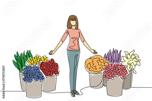 Single one line drawing a woman standing in the middle of pots containing various kinds of flowers. Offer to potential buyers. National Small Business Day. Continuous line design graphic illustration
