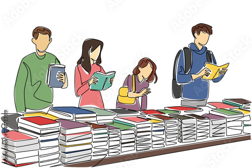 Single one line drawing a group of men and women standing choosing books among various piles of books. Cheap book market. Sell. National Small Business Day. Continuous line design graphic illustration