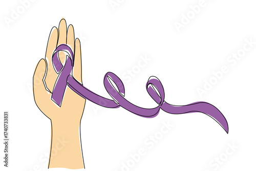 Single continuous line drawing the palm is open and above it is a ribbon. Asking for a helping hand for compassion. Inviting to help others. Sick. World Lupus Day. One line design vector illustration