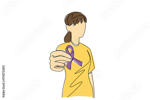 Continuous one line drawing woman holds ribbon with one hand. Symbol of high concern for health. Prevent dangerous diseases. Awareness. World Lupus Day. Single line draw design vector illustration
