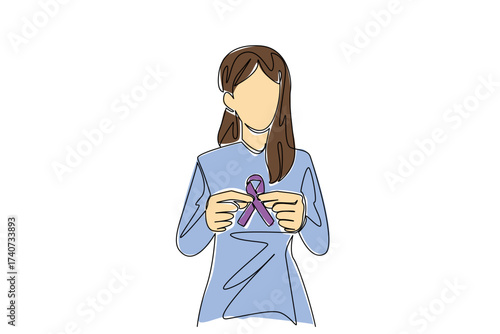 Single one line drawing a young woman holds a ribbon with both hands. Symbol of health. Inviting donations. More health concerns. Charity. World Lupus Day. Continuous line design graphic illustration