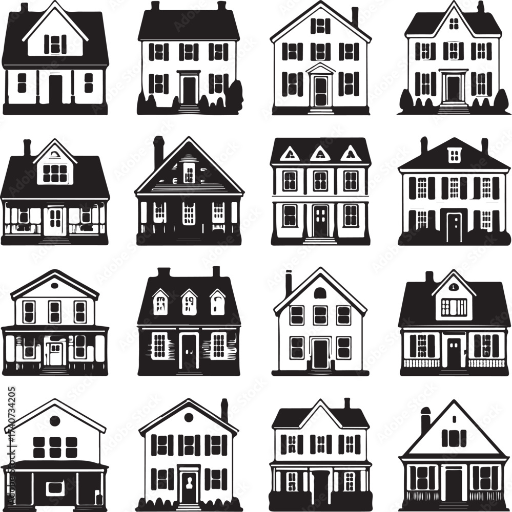 Fototapeta premium “Modern & Classic House Silhouette Bundle – 16 Unique Home Designs for Print, SVG, and Digital Cutting”