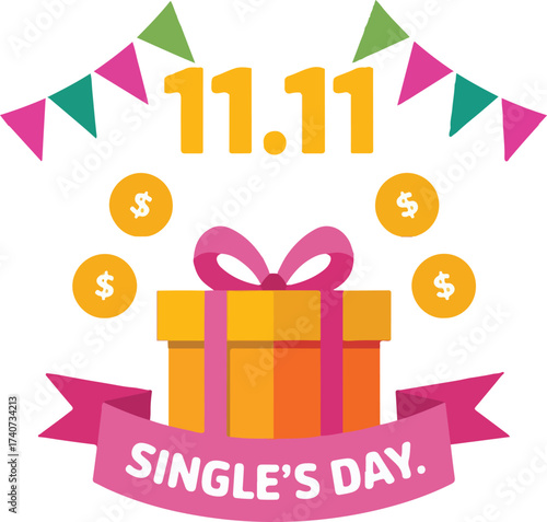Colorful single s day celebration with gift box coins and festive flags