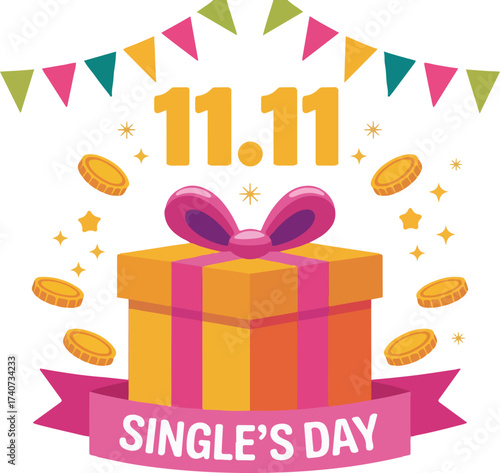 Colorful gift box with ribbons and flags for single s day event