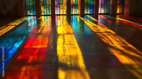 Vibrant light through colorful glass windows casting rainbow shadows on stone floor