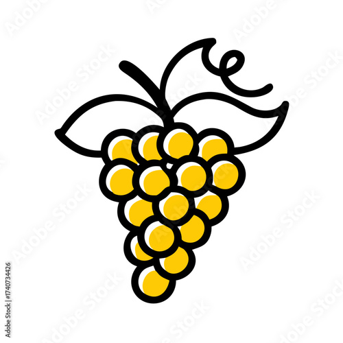 Yellow grape cluster illustration with leaves and curly tendril  