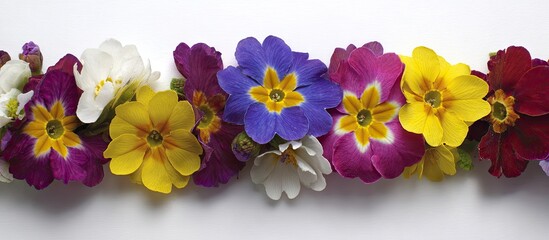 A row of colorful primroses, displaying a vibrant array of petals against a white backdrop