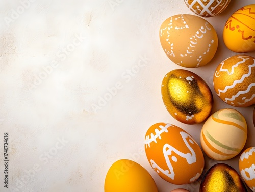 Decorative painted easter eggs on neutral backdrop in warm gold yellow and orange tones