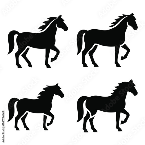 Four silhouettes of horses in dynamic poses ready for equestrian art and design projects silhouette