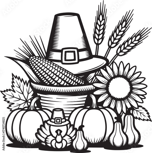A harvest illustration featuring a pilgrim hat and autumnal produce