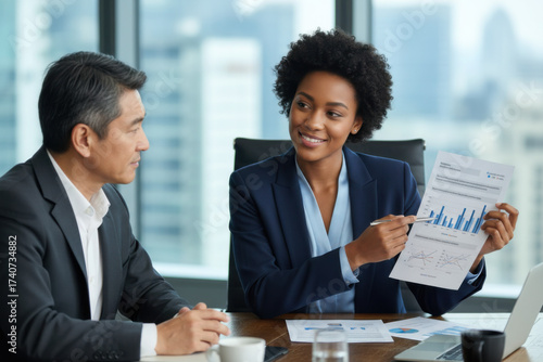 A man and woman sitting at a table in front of a laptop