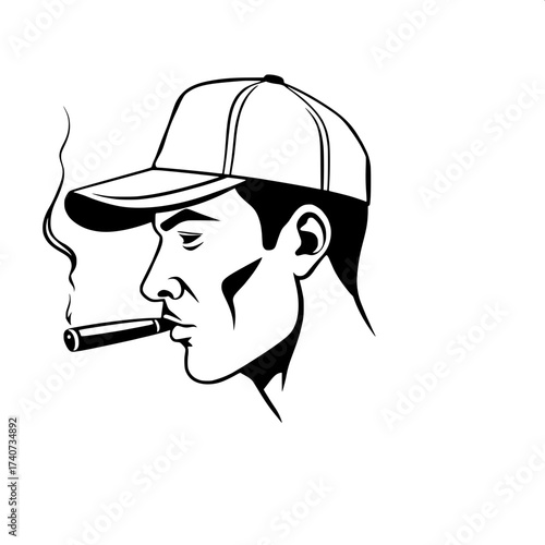 Minimalist black-and-white silhouette of a man in profile, with defined facial features, including a strong jawline and nose, wearing a fitted baseball cap with a slightly curved brim, and smoking a t