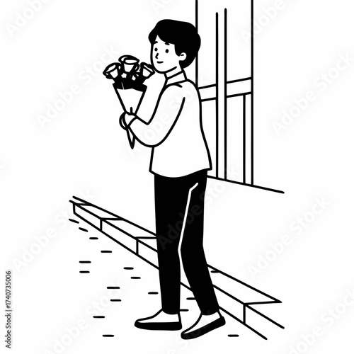 A Man with Bouquet: A stylized illustration showcases a man holding a bouquet, his expression suggesting anticipation or affection, set against the backdrop of urban elements.