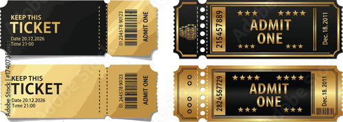 Premium black and gold VIP tickets vector set, including Admit One and Keep This Ticket templates.