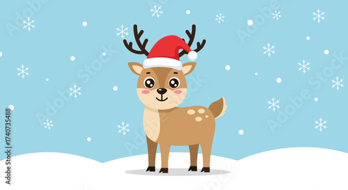 Adorable cartoon reindeer wearing a Santa hat in a snowy winter scene.