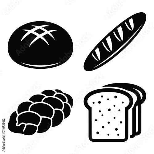 Four types of baked bread collection icons including round loaf baguette braided challah and sliced bread silhouette