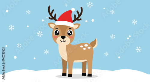 Adorable Cartoon Reindeer Wearing a Santa Hat in Snowy Winter Scene.