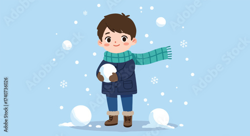 Cheerful Cartoon Boy Holding Snowball in Snowy Winter Scene.