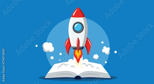 Cartoon Rocket Launching from Open Book, Symbolizing Knowledge and Imagination.