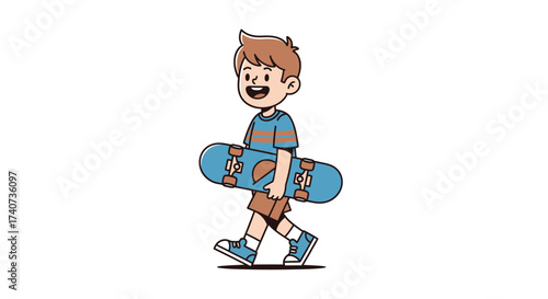 Cartoon illustration of a cheerful boy carrying a skateboard on a white background